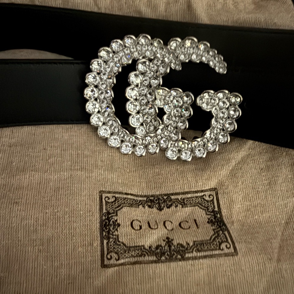 Gucci Black Belt with Crystal Embellished Logo